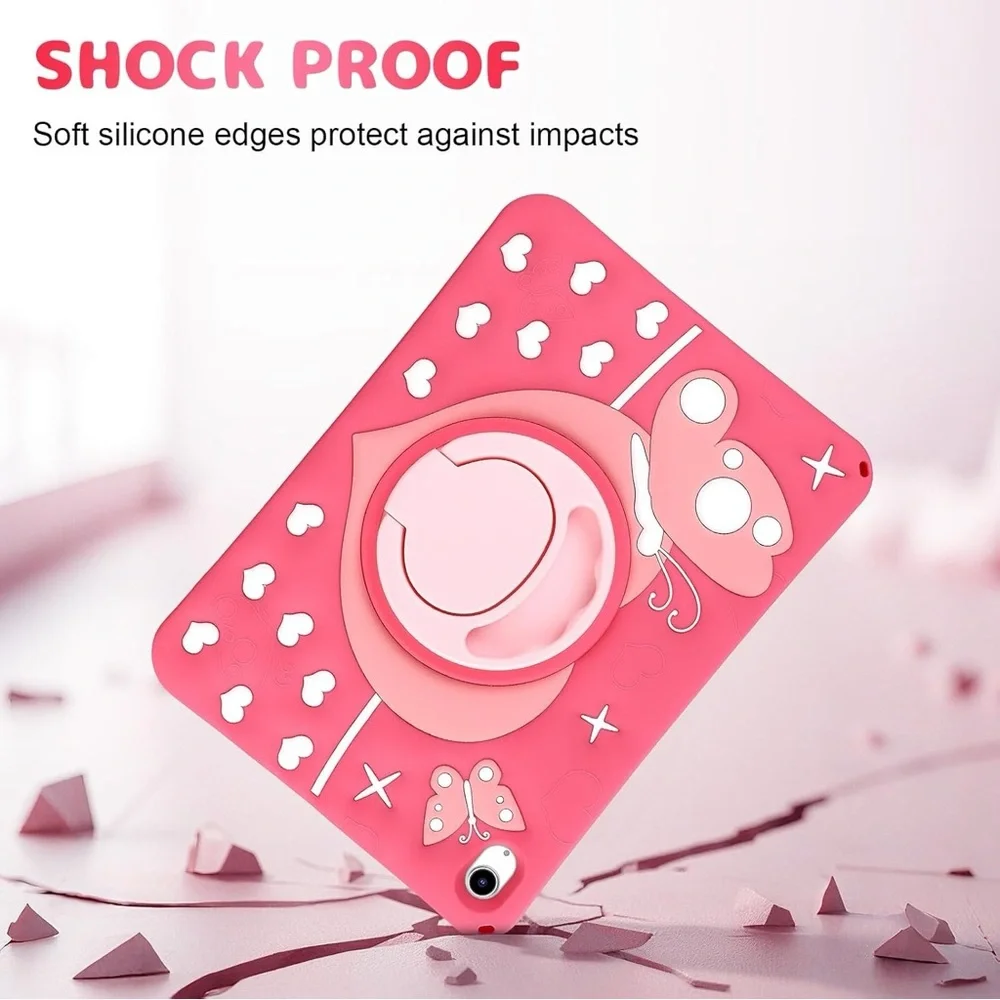 iPad 10th Gen 10.9 Case Kids Pink w/ Strap & Rotating Stand Silicone